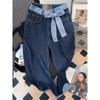 Fashion Bandage Bow Denim Pants Female Spring Autumn High Waist Casual Straight Pants Women Jeans