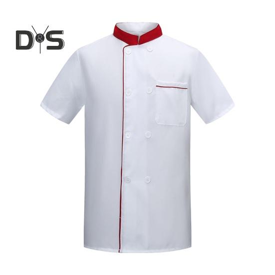 Летняя униформа шеф-повара, двубортная, с короткими рукавами, унисекс, воротник-стойка, мягкая, дышащая, устойчивая к пятнам, свободная, для повара, для кухни, пекарни, ресторана, столовой.