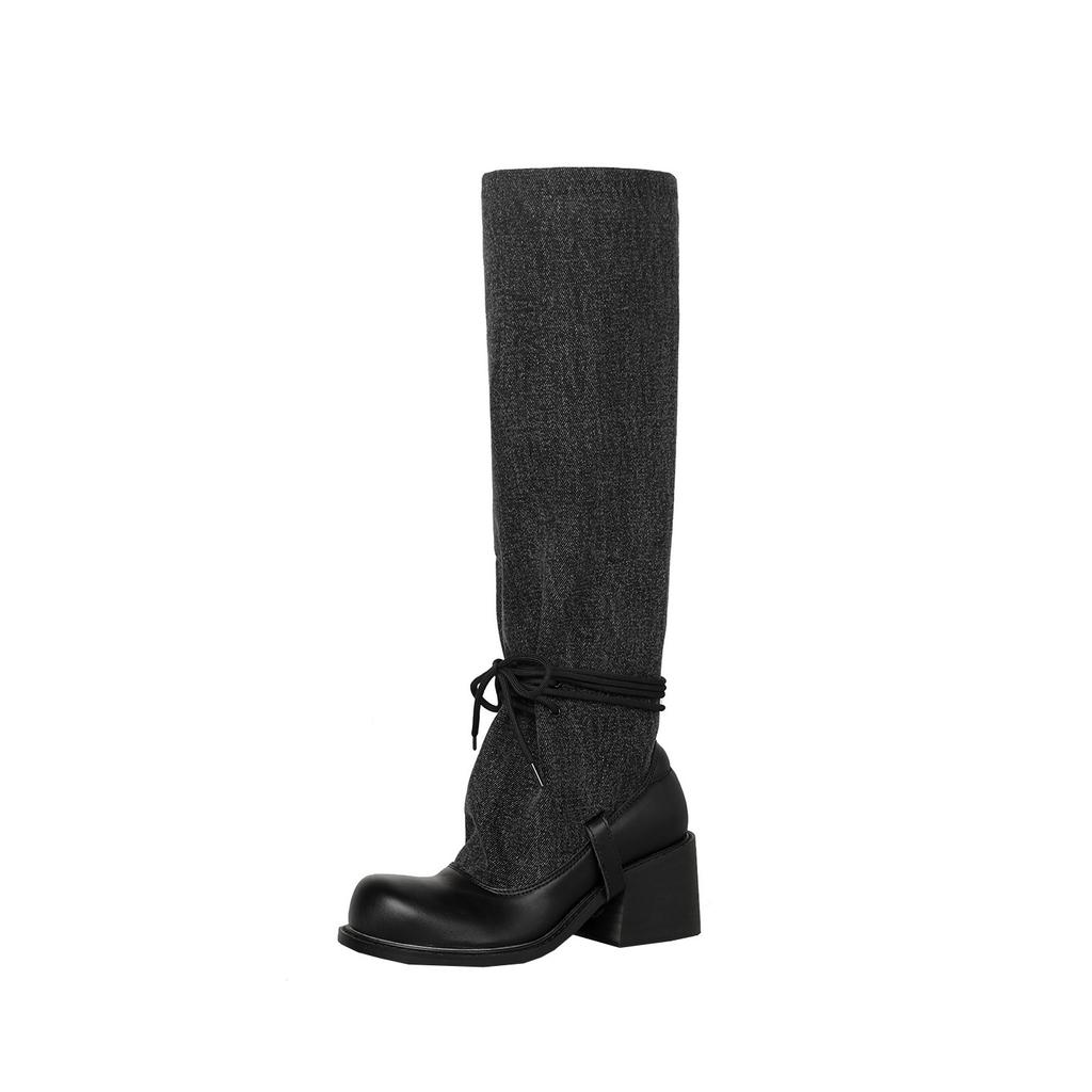 Thick Heel Strap Skinny Big Tube Black Boots Women's New Fashion Spice Girl Long Tube