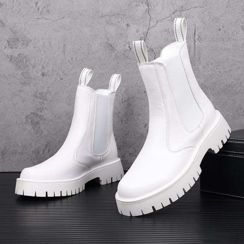 Модные корейские дизайнерские мужские ботинки на платформе, черные, белые, из натуральной кожи, трендовые, красивые, ковбойские, короткие, мужские ботинки