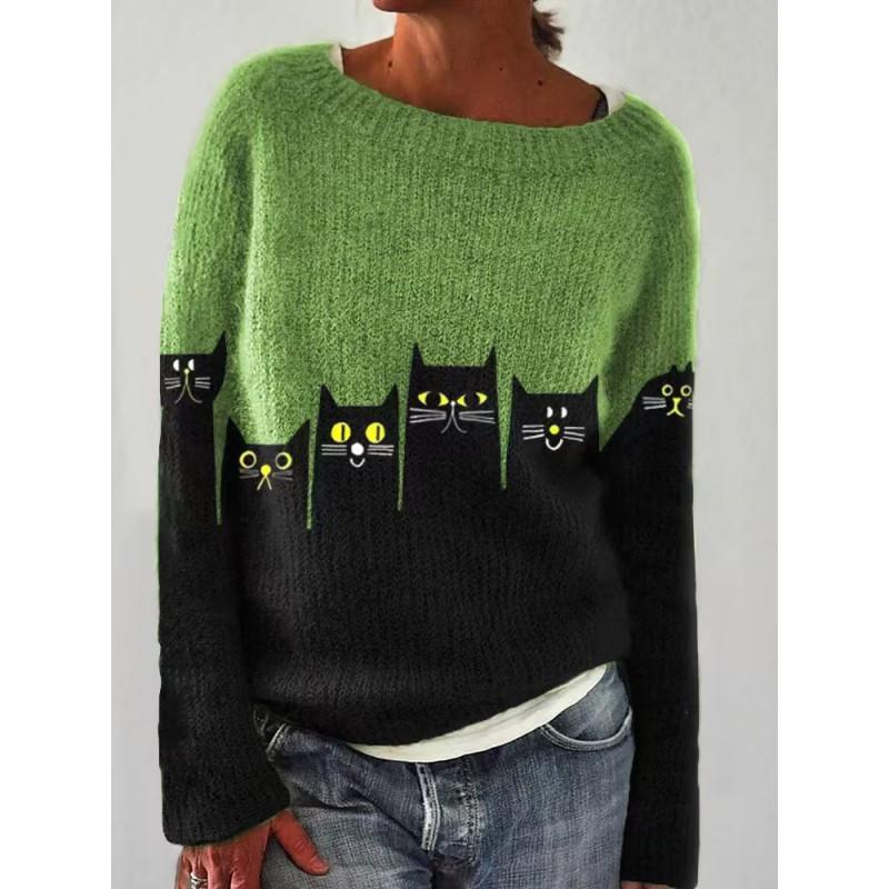 Womens Crew Neck Colorblock Knit Sweater Loose Fit Casual Office Wear Long Sleeve Pullover