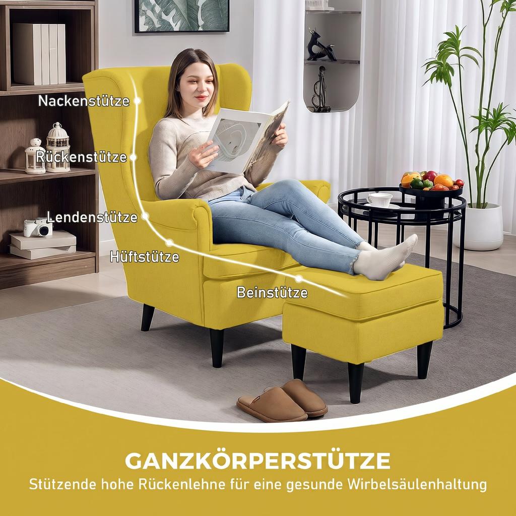 Wingback Chair with Footstool, Upholstered Armchair with Rubberwood Legs, Fabric Cover, Yellow