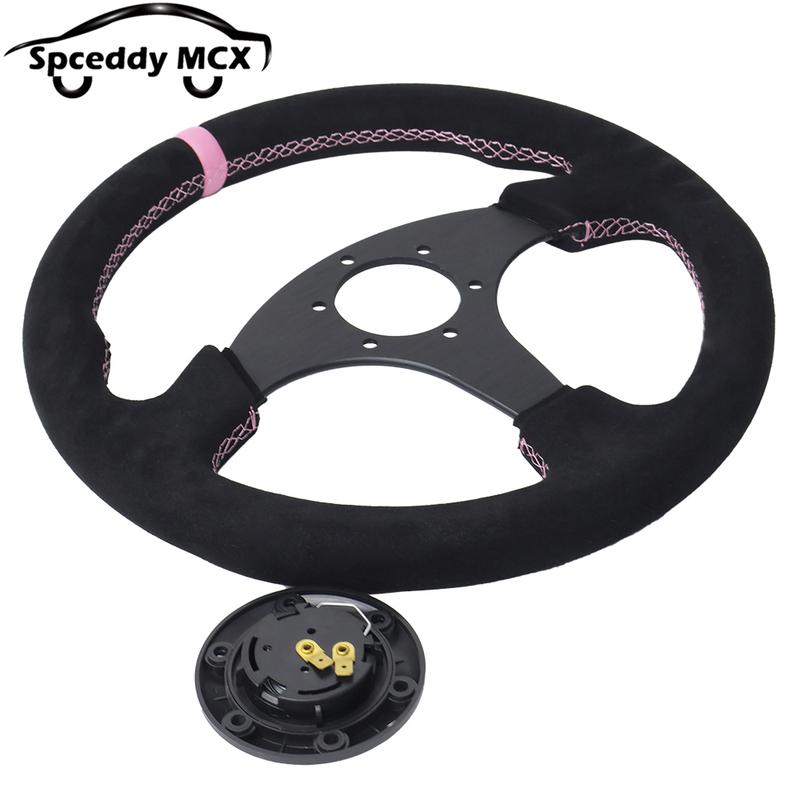 Spceddy MCX Pink Suede Steering Wheel 13inch 330mm 14inch 350mm Flat Racing Sport Real Leather Steering Wheel Universal
