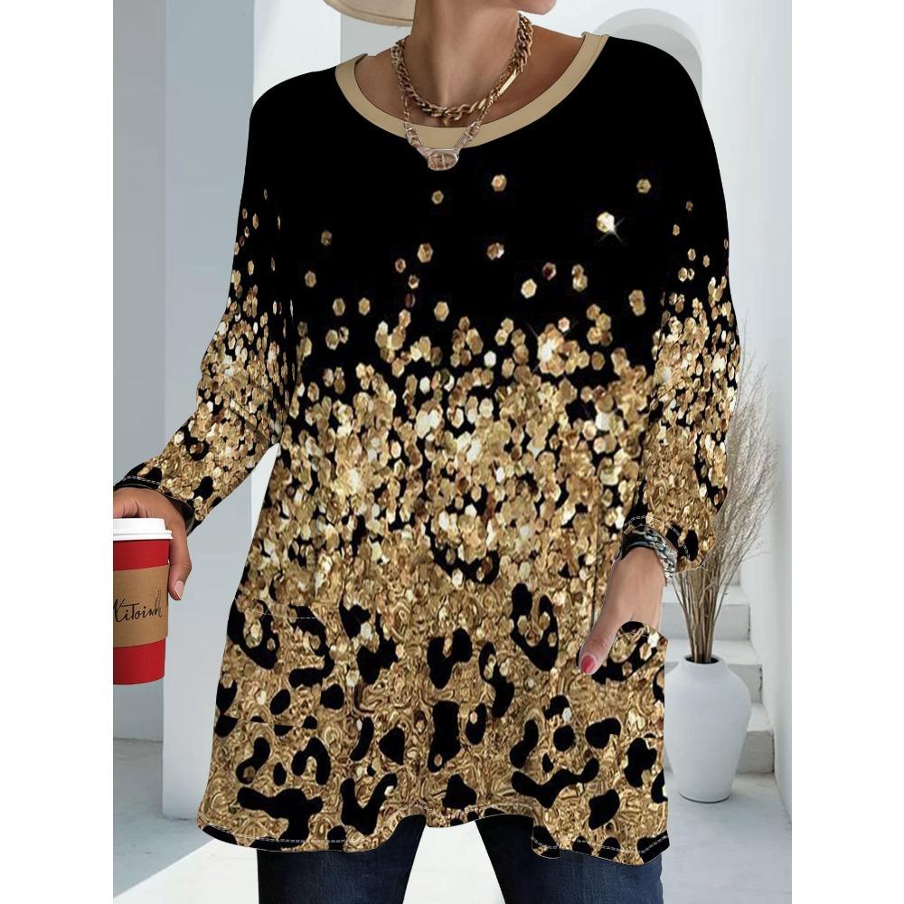 Women's Plus Size Pocket Gold Printed Loose Knitted Sweater, Women's Fashion Long Sleeve Top