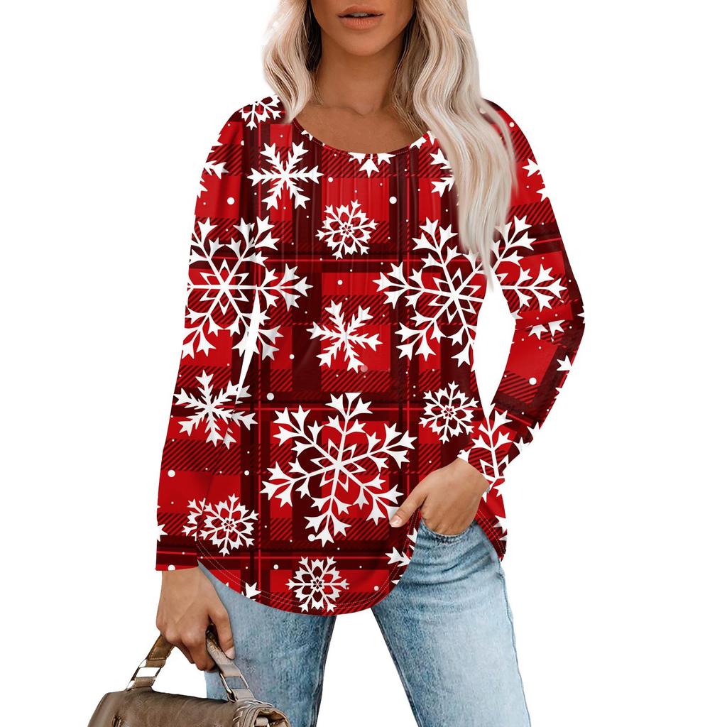 Женская повседневная футболка с круглым вырезом и длинными рукавами с рождественским принтом и складками