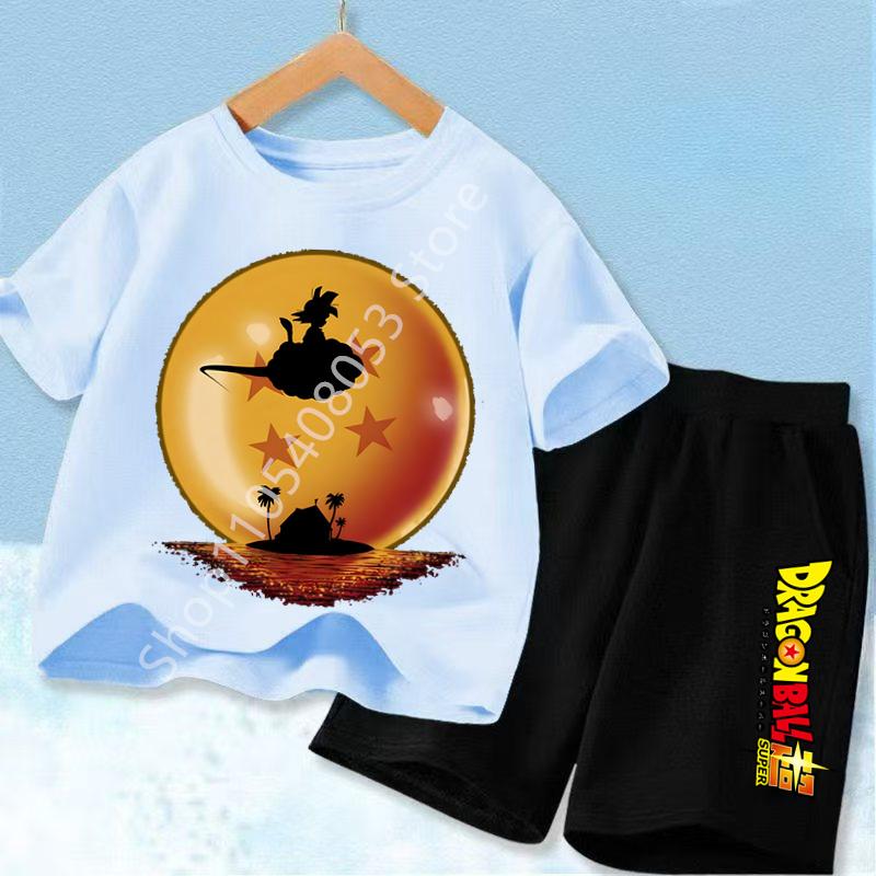 Anime Dragon Ball Z Boy Polyester T-shirt Goku Children CosPlay Short Sleeve Shorts with Pocket Beach Pants Breathable Kids Suit
