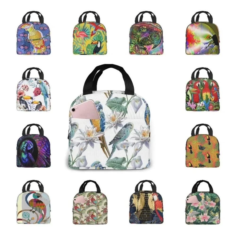 Большая сумка для ланча с принтом попугаев на ветках, изолированный ланч-бокс для женщин и мужчин, портативный ланч-бокс для работы, пикника, пляжа