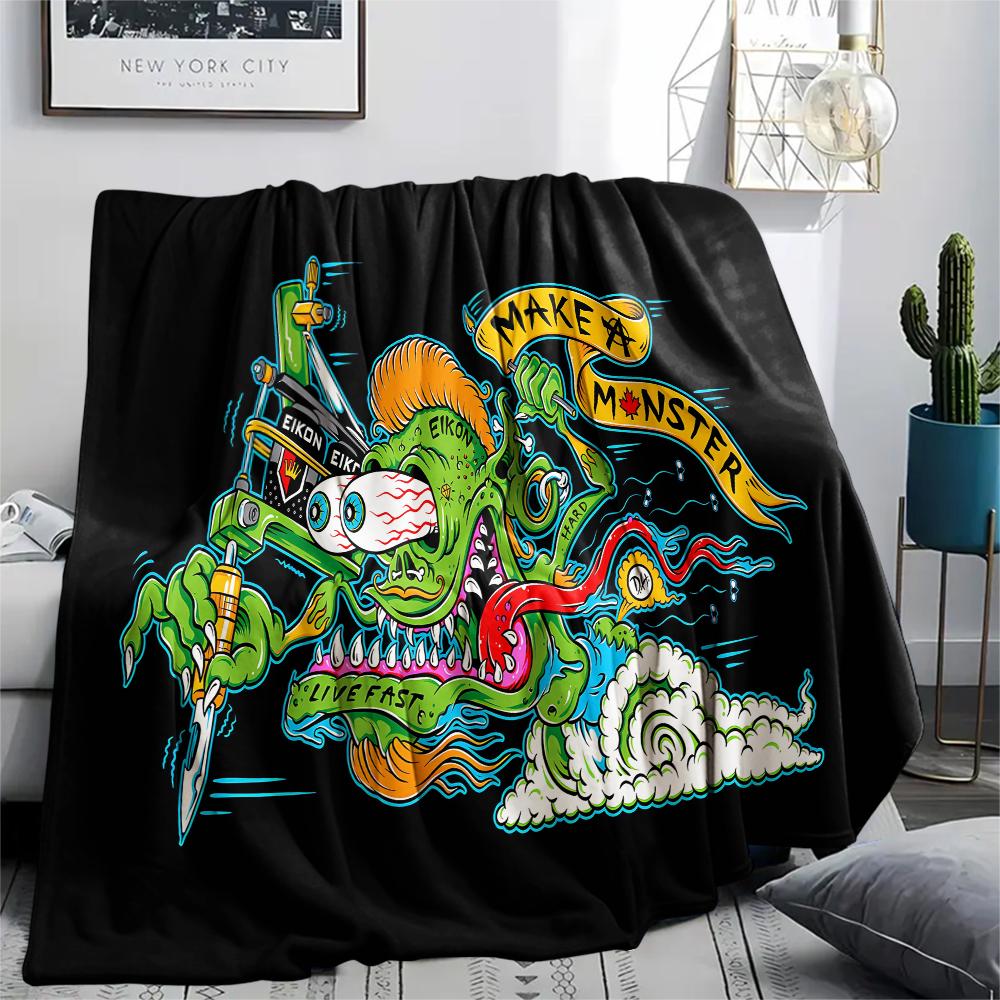 1 шт. Фланелевое одеяло с принтом Rat Fink, Высококачественное, Для всех сезонов, Декор для дома, Тепло и уют, Идеально для рождественских подарков
