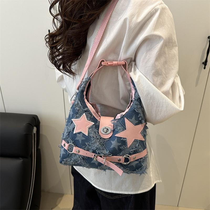 Pink Star Purse and Handbags Aesthetic Plaid Denim Shoulder Bag Punk Leisure Outdoor Crossbody Bag For Women CLE