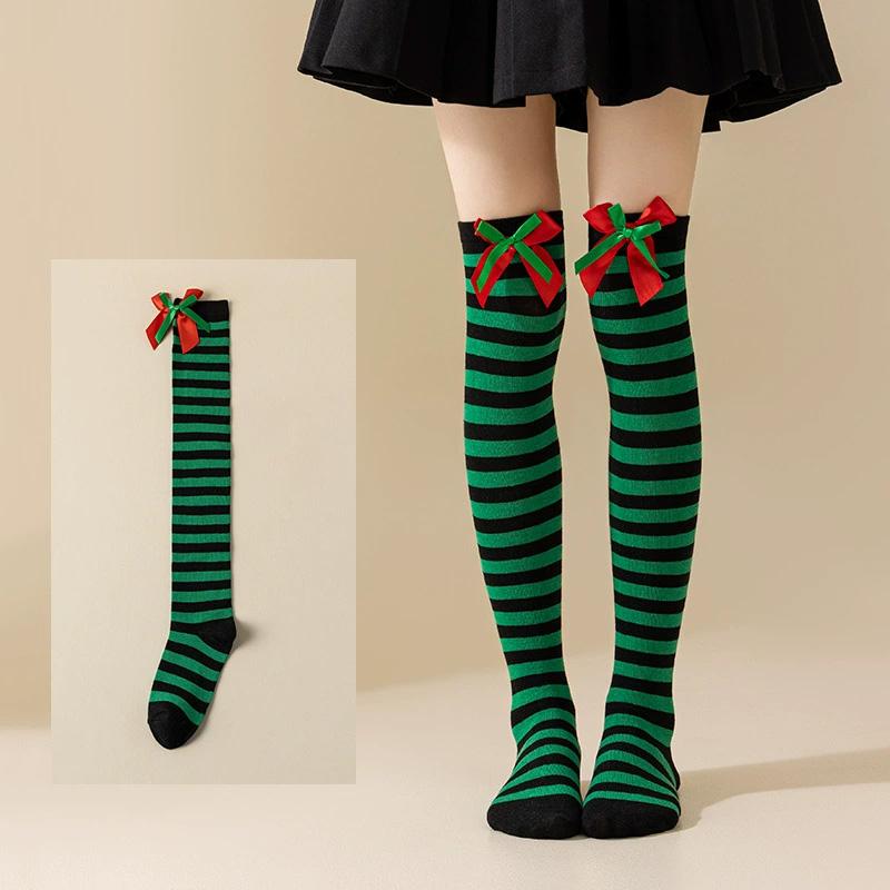 Women with Bow Accent for Women Girls Christmas Socks Knee-High Over-the-Knee Elegant Red & Green Striped Long Socks