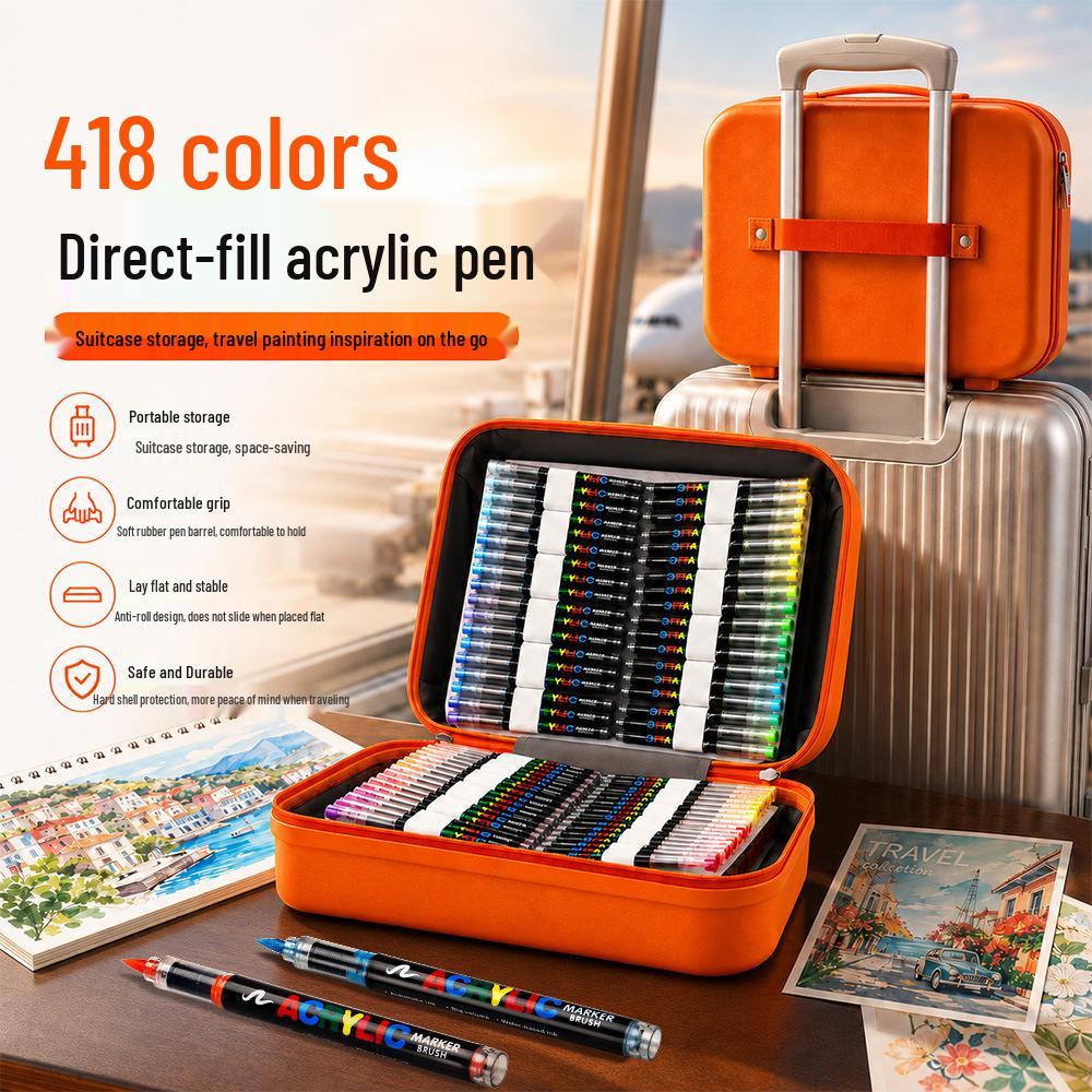 418-Color Acrylic Marker Set: Professional Grade, Soft Bristle Pens for Students and Artists in a Compact Suitcase.