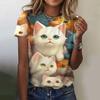 Cute Cat Print Women T-Shirt Harajuku Vintage Short Sleeved Tees O Neck Funny Tee Top Oversized Female Clothing