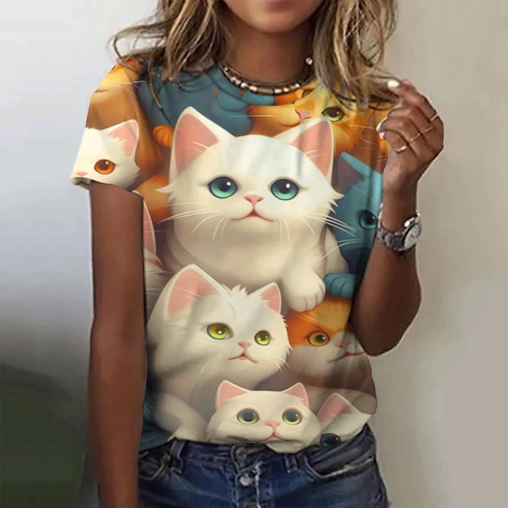 Cute Cat Print Women T-Shirt Harajuku Vintage Short Sleeved Tees O Neck Funny Tee Top Oversized Female Clothing