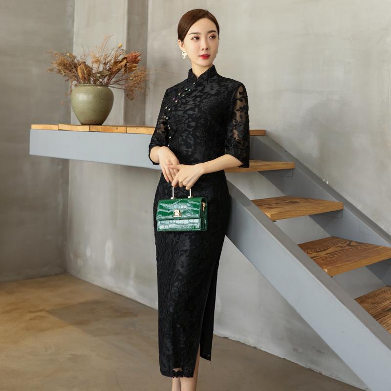 1011 new cheongsam retro elegant long slim dress high slit wrinkled lace edge performance clothing