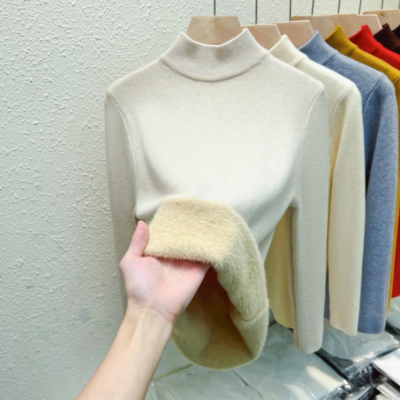 Autumn Warm Velvet Knitted Women's Sweater Casual Winter New Thicken Half High Collar Base Pullover Sweaters Elegant Solid Slim Plush Knitwears 25206