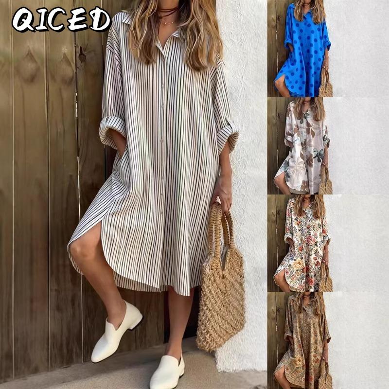 QICED Модные повседневные платья весна-осень, однотонные с принтом, с длинным рукавом, воротник-поло