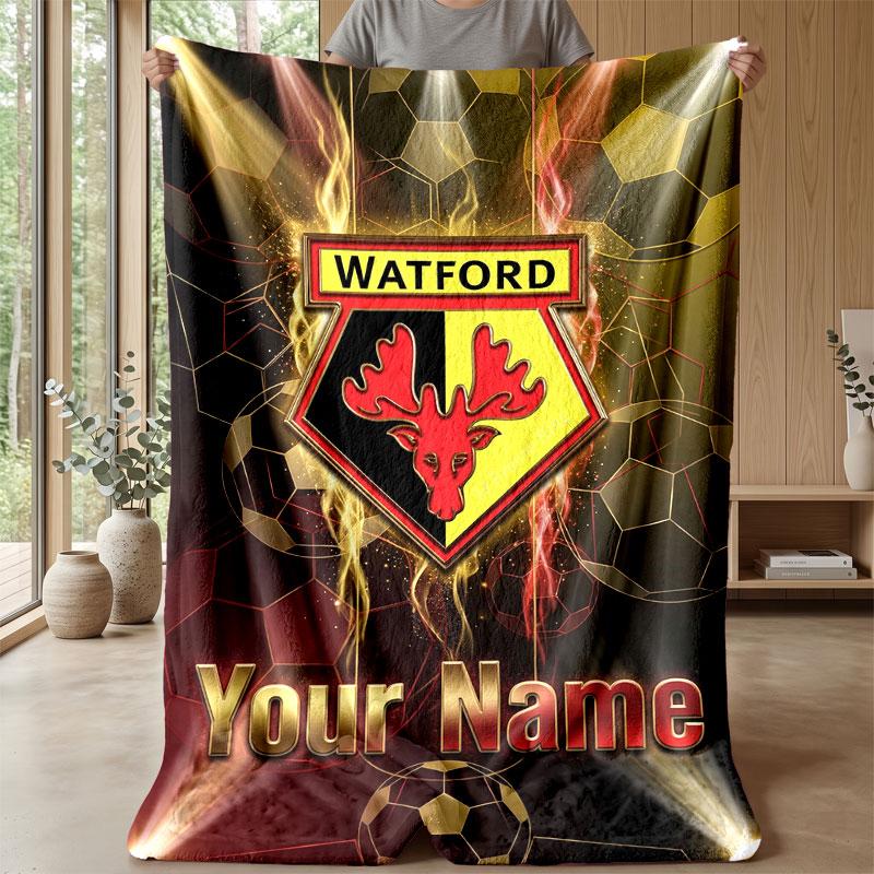 Watford FC Custom Name Text Flannel Blanket Soccer Logo Personalized Fleece Throw Blanket Special Gift For Sofa Bedroom Home