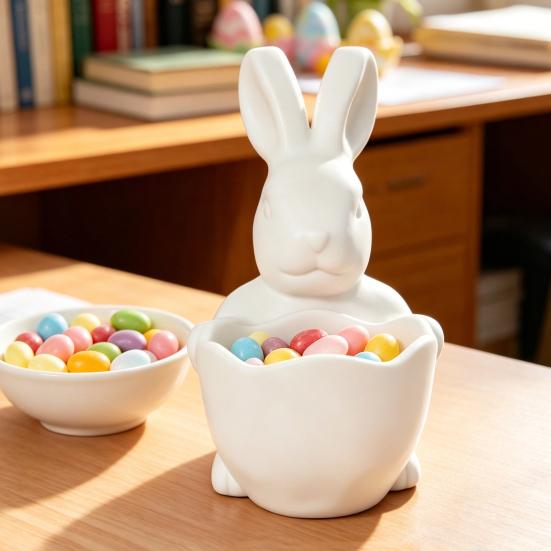 Kids Craft Paintable Bowl 3D Printed Easter Bunny Candy Bowl, Cute Rabbit Holding Figurine, DIY White Desk Blank Decor for Living Room Office,