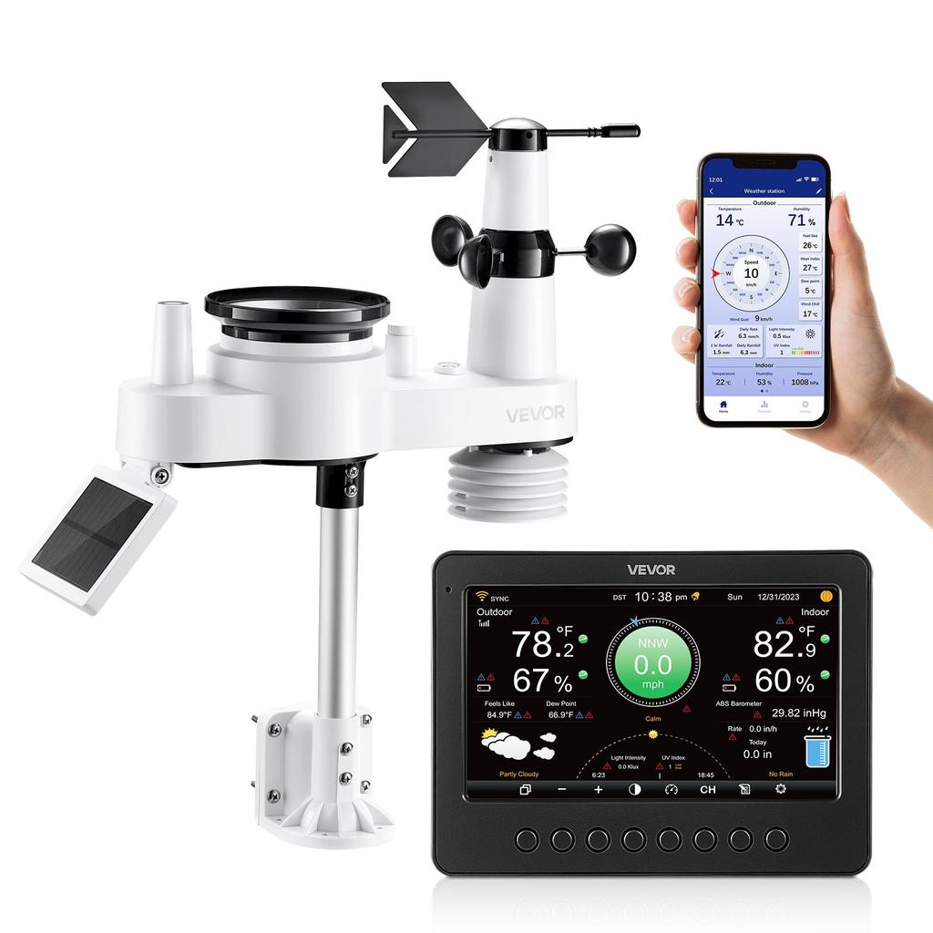 VEVOR 7-in-1 Wi-Fi Weather Station, 177.8 mm TFT Display, Wireless Solar Powered Outdoor Sensor, Rain Gauge, Indoor Outdoor for Weather Forecast