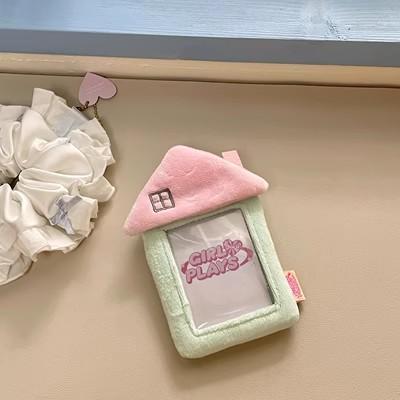 MINKYS Kawaii House Shape Fluffy 3 inch Kpop Photocard Holder Photo Card Holder Bag Pendant School Stationery