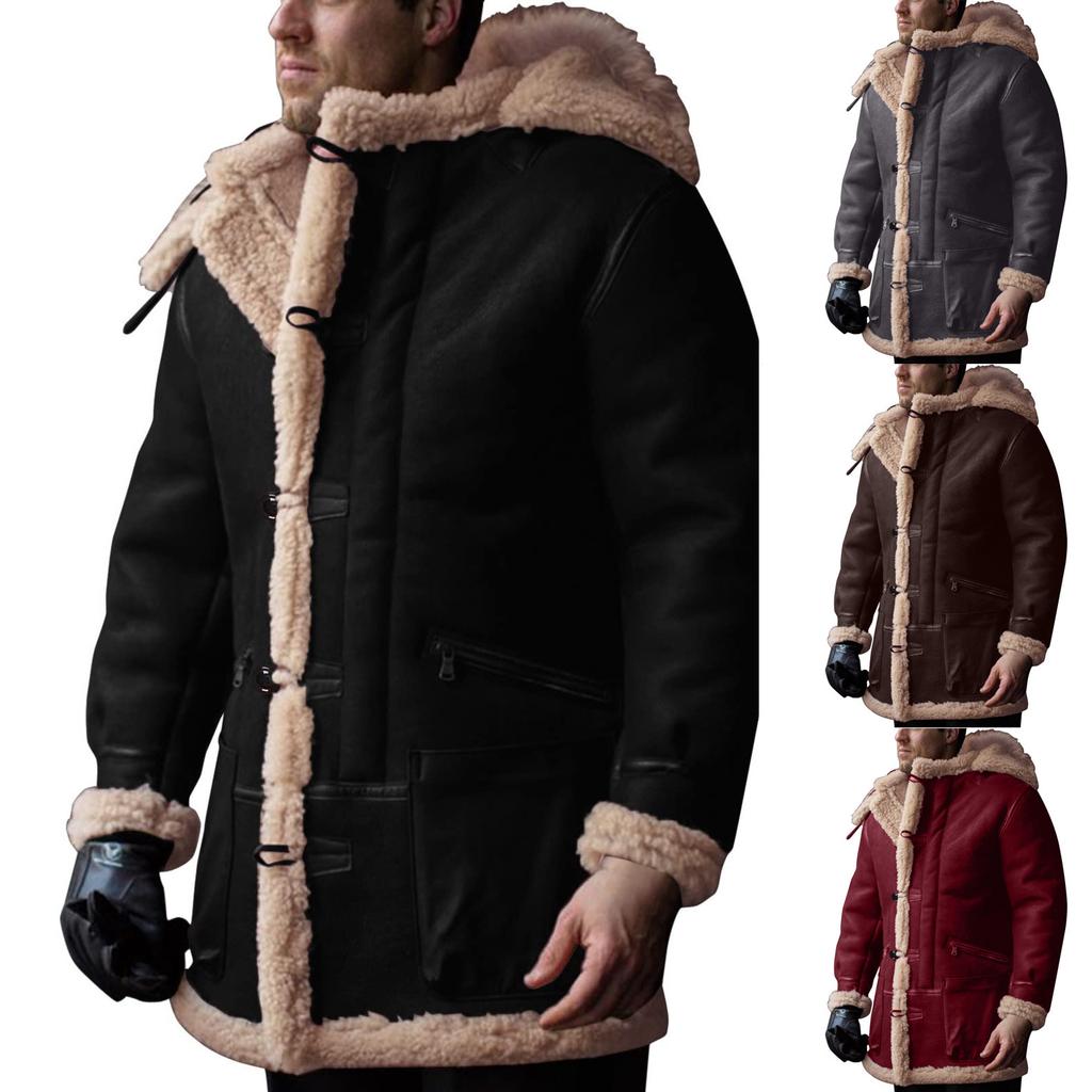 Men'S Artificial Lined Cashmere Hooded Jacket Men'S Retro Long Suede Jacket Coat