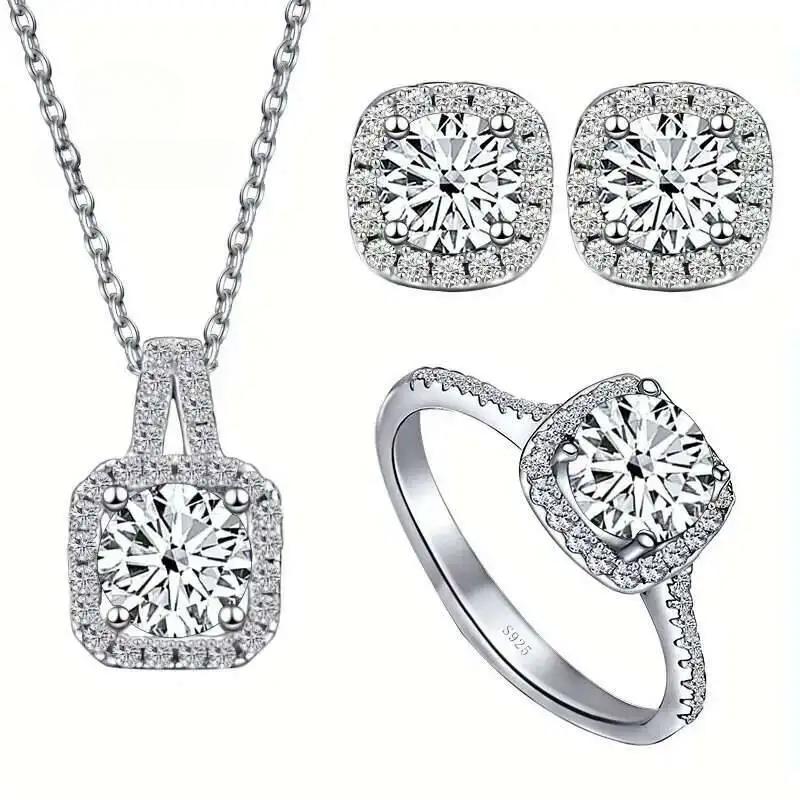 925 Sterling Silver Women's Round Cut D Color Moissanite Jewelry Set Real 925 Silver Pendant Necklace And Stud Earrings For Women Fine Jewelry