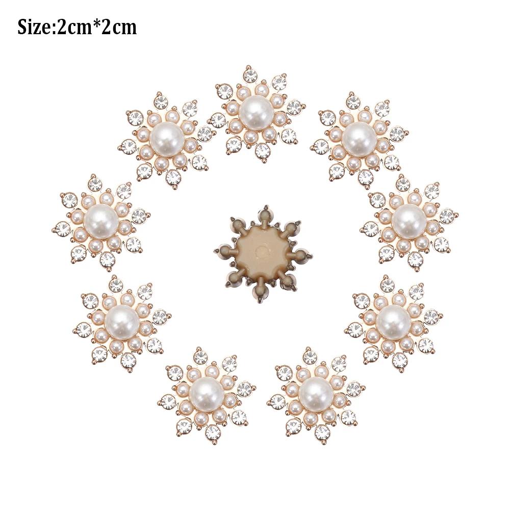 10PCS Pearl Flower Rhinestone Buttons Sparkling Crystal Hairpins Decoration Apparel Sewing Decor Craft Buttons DIY Accessories