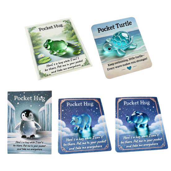 4/5Pcs Pocket Hug Animal with Positive Card Emotional Support Resin Animal Token Mini Turtle Penguin Frog Bear Elephant Statue Figurine Inspirational