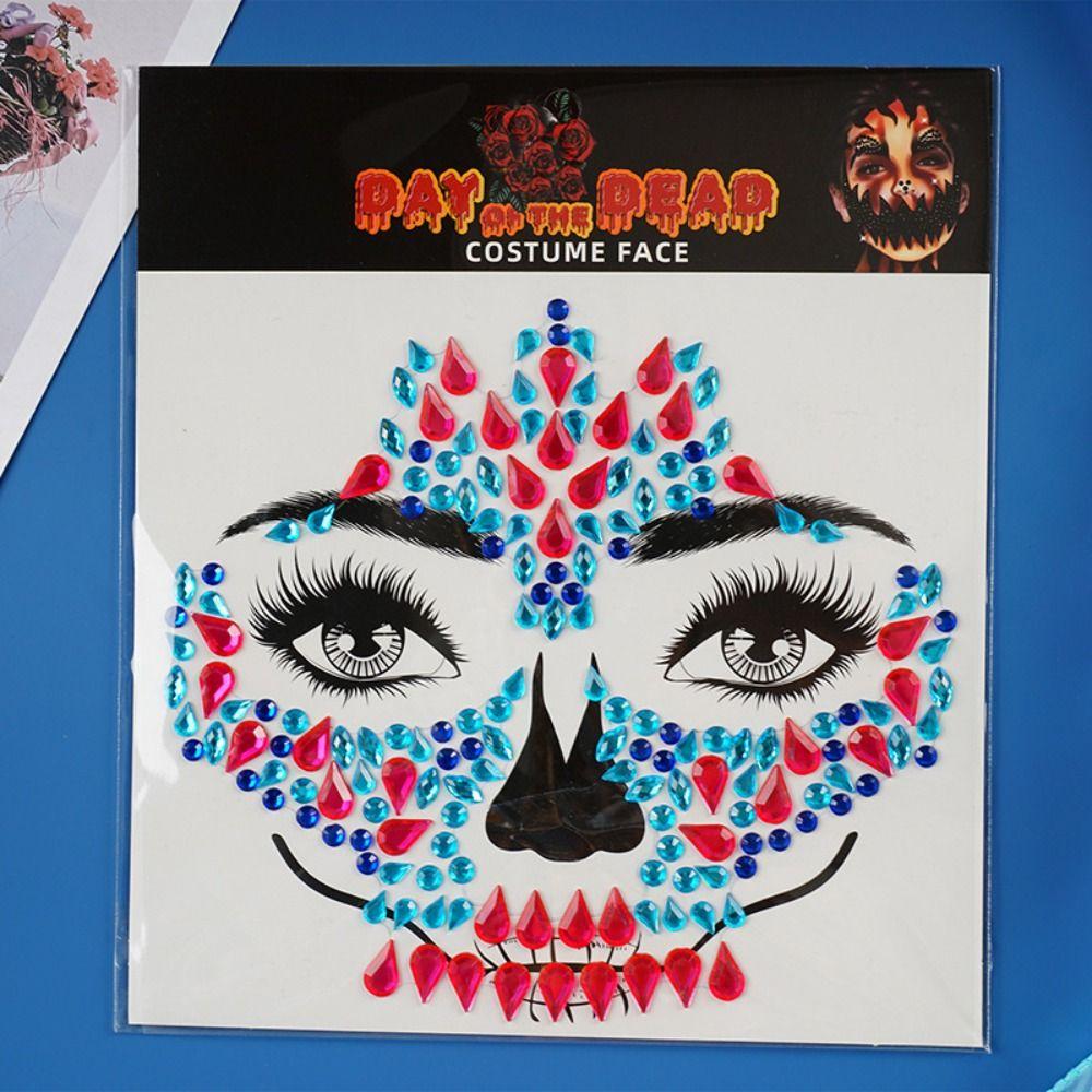 Funny Halloween Fake Tattoo Colorful Crystal Skull Face Sticker Costume Party