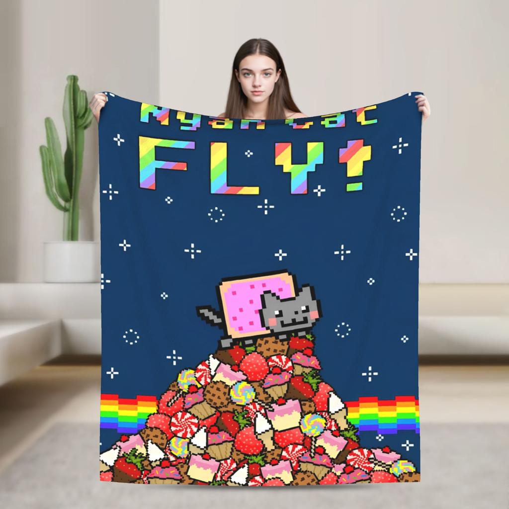 Cat Rainbow Pixel Space Nyans Blanket Flannel Textile Decor Multifunction Soft Throw Blankets for Bedding Couch Rug Piece
