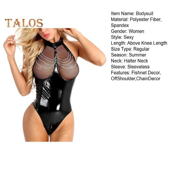 Женский боди для медового месяца, сетчатый, из искусственной кожи, в стиле пэчворк, с открытыми плечами, облегающий, с цепочным декором, с открытым промежностным шортом, для ночного клуба, отеля, брачной ночи, секса