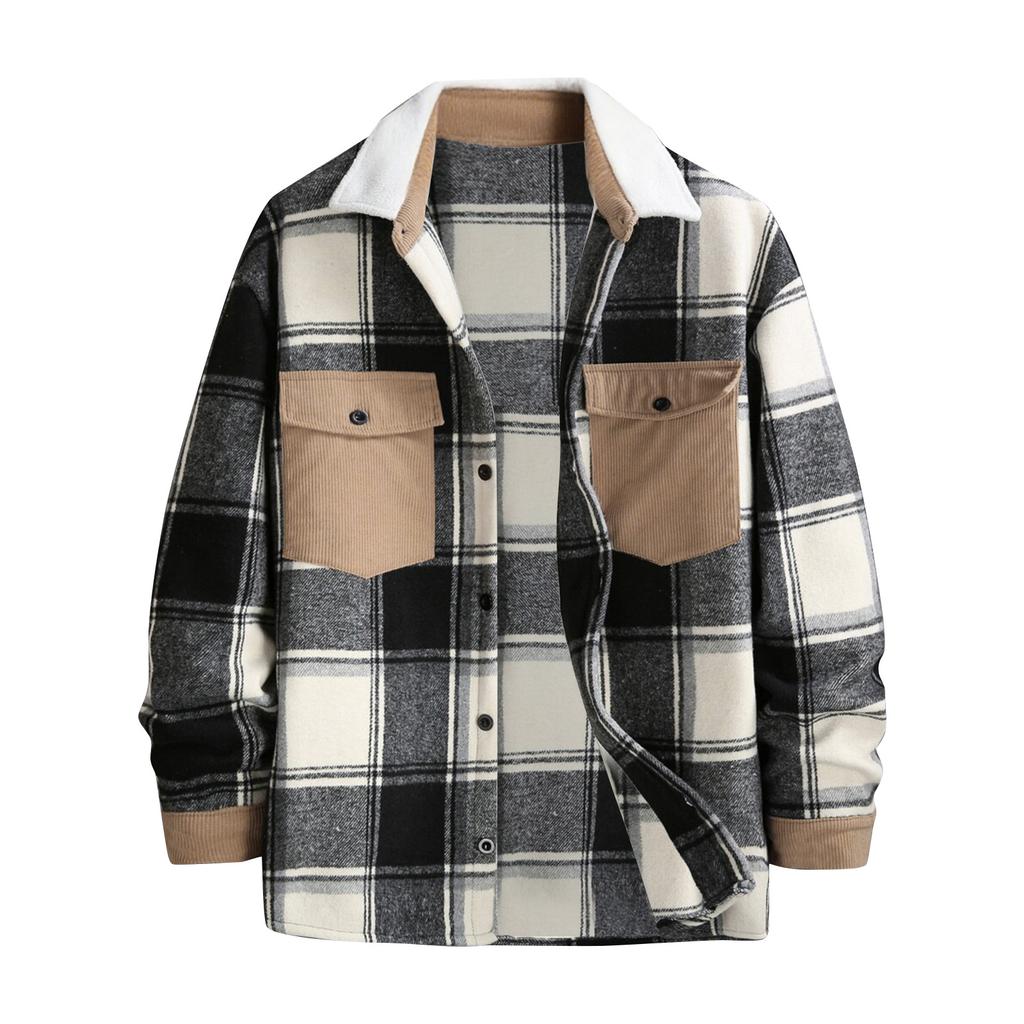 Men's Striped Plaid Casual Loose Button Lapel Long Sleeve Hooded Cardigan Shirt Jacket