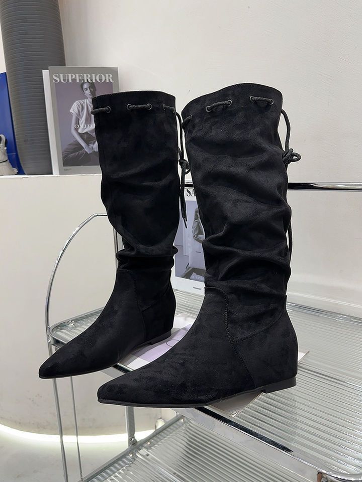 Европейские товары замшевые высокие сапоги-трубы до колена осень 2025 новые остроносые темпераментные модные сапоги сапоги-чулки женские сапоги
