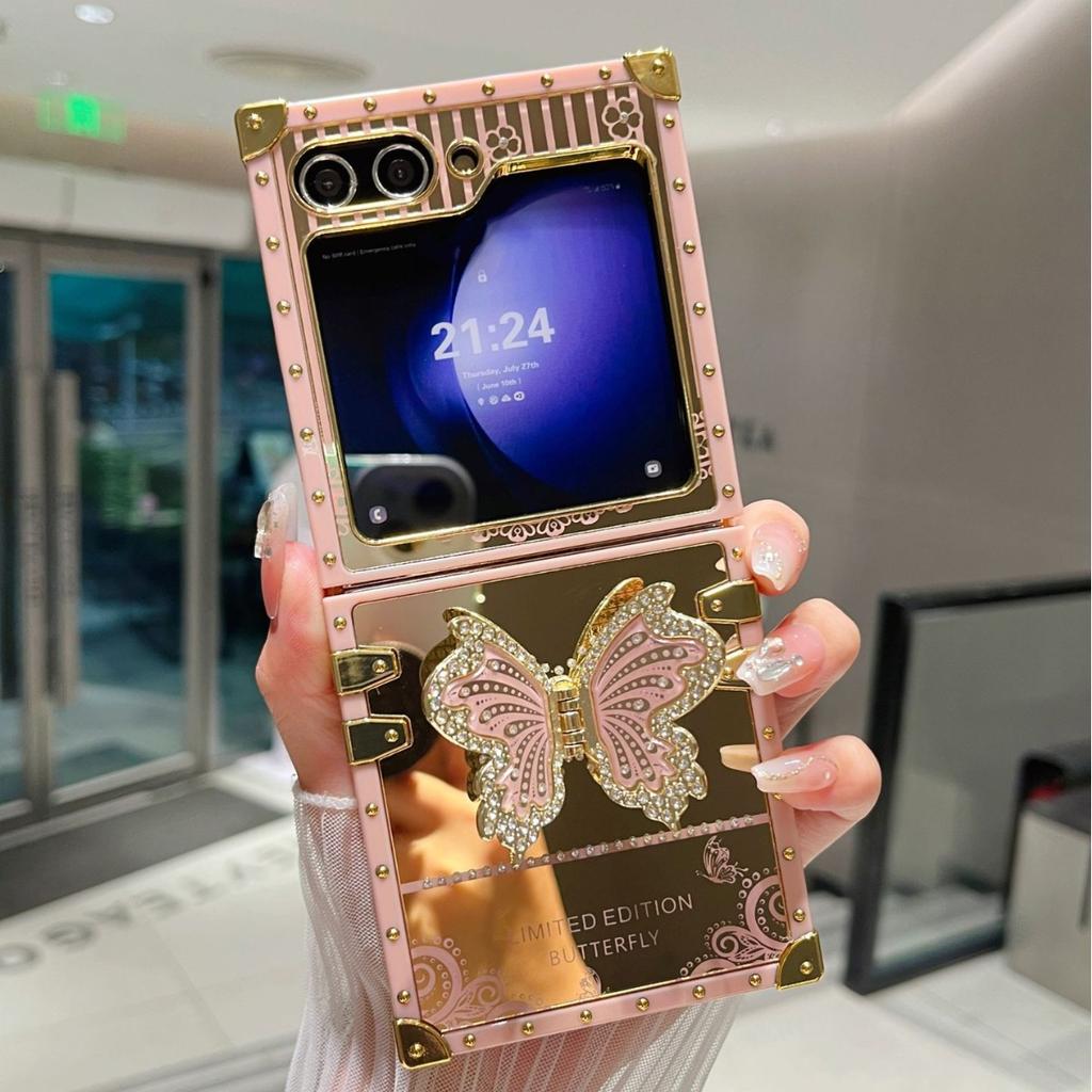 Samsung Z Flip6 Folding Screen Mobile Phone Case Suitable for ZFlip3 4 5 Mirror Butterfly Diamond Inlay Bracket Protection Case