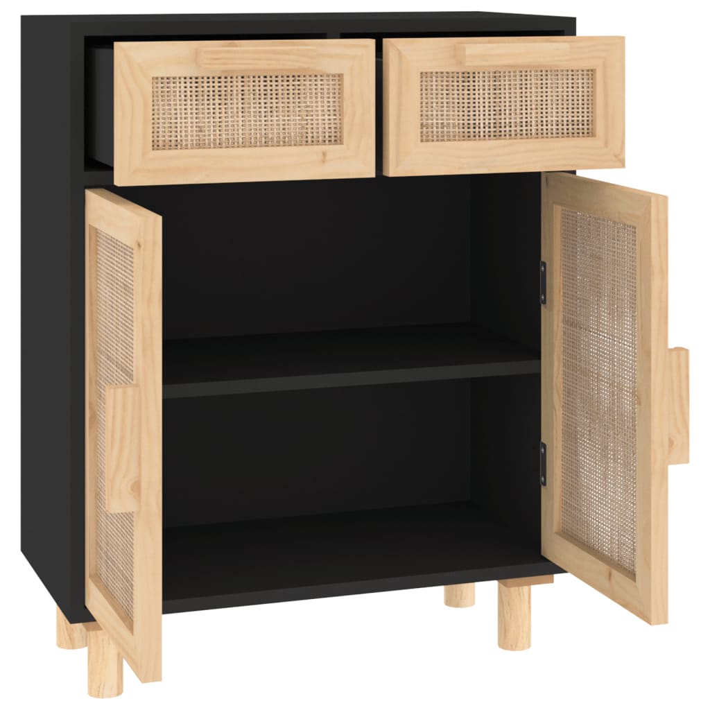Sideboard Black 60x30x75 cm Solid Pine Wood and Natural Rattan