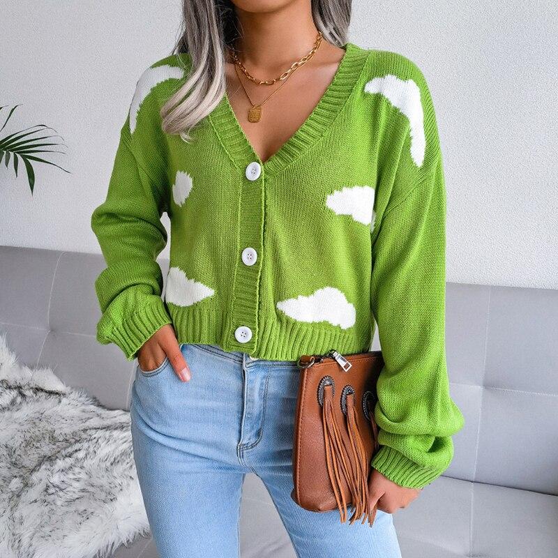 Свитер Preppy Cloud Harajuku, модный укороченный топ с v-образным вырезом и длинными рукавами, кардиган, вязаные корейские свитера, женские Ropa Mujer 18115