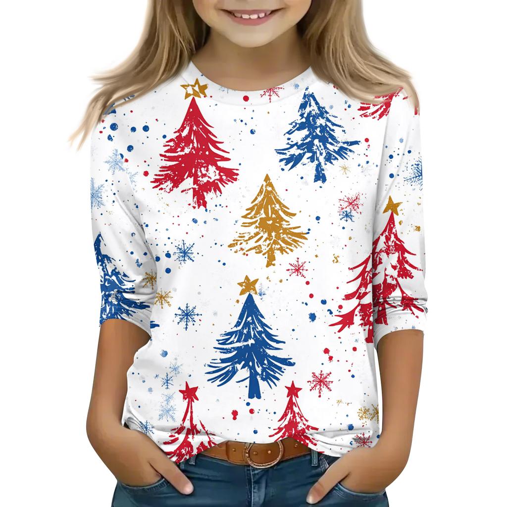 Рождественские топы с принтом для девочек-подростков 5-16 лет, футболки с круглым вырезом и рукавами 3/4, модные топы, нарядные футболки
