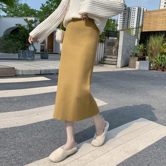 Women Knitting Skirt High Waist Back Slit Design Solid Color Midi Skirt Soft Breathable Thickened Warm Hip Wrapped Skirt