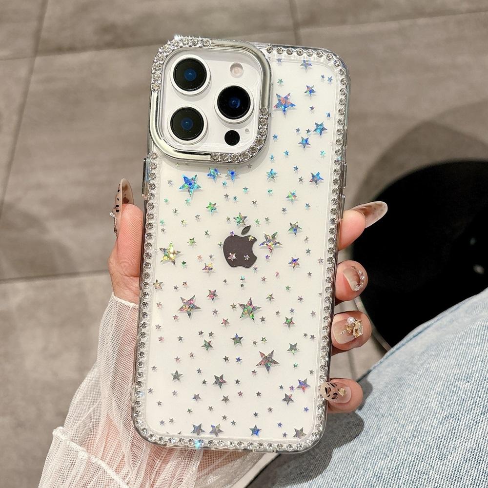 Роскошный чехол-бампер со стразами и лазерными звездами для iPhone 16 15 14 13 12 11 Pro Max Plus IMD Прозрачные противоударные чехлы-накладки