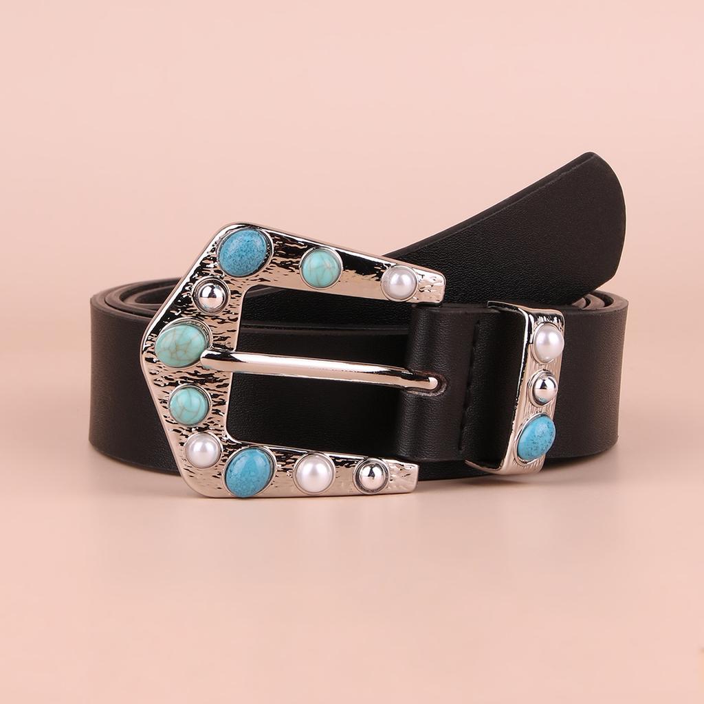 Blue Gemstone Inlaid Retro Classic Black Belt Diamond-encrusted Women's Flat Belt
