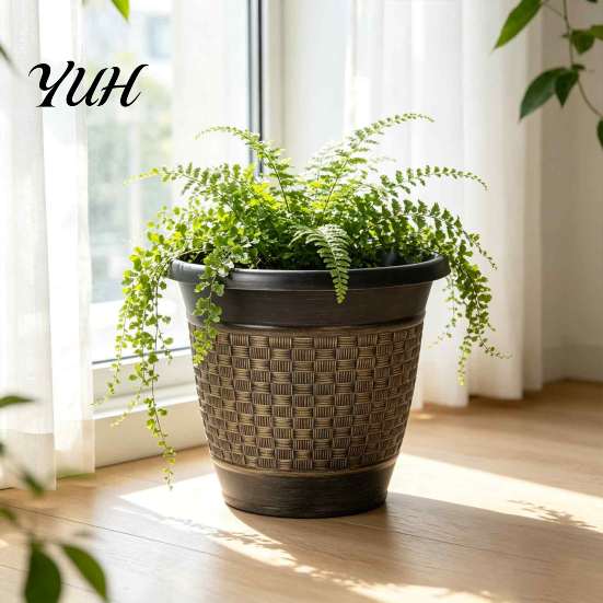 Flower Pots with Drainage 12" Planter Pot Saucer, Thickened Plastic Anti-Aging Large Garden Containers Holes, Woven Texture, Plant for Indoor