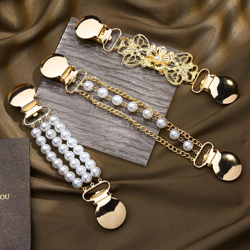 1PC Metal Corsage Brooch Pearl Chain Sweater Cardigan Clip Shawl Buckle Anti-Slip