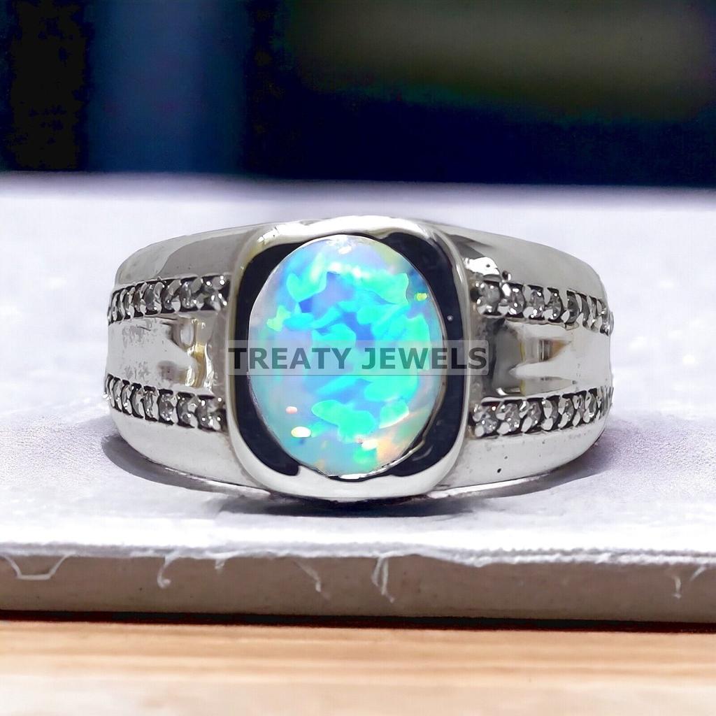 Opal Oval Cut Gemstone With 925 Sterling Silver Ring For Men's #867 JL375595287487