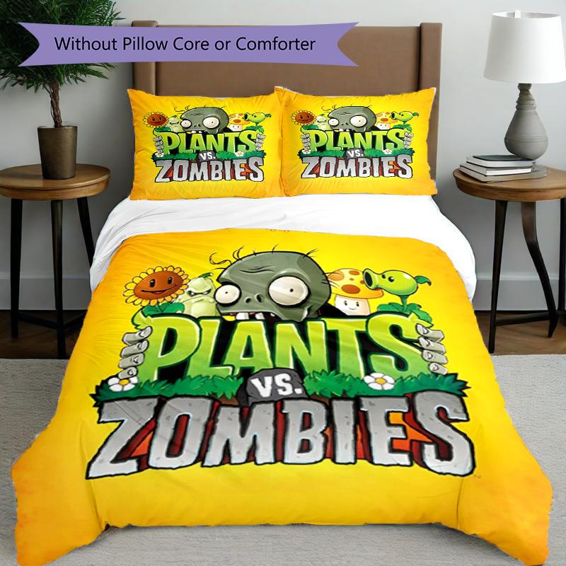 3pcs Duvet Cover Set (1*Duvet Cover + 2*Pillowcase, Without Core), Plants vs. Zombies Print Bedding Set, Bedroom Decor, All‑Season, Birthday Gift