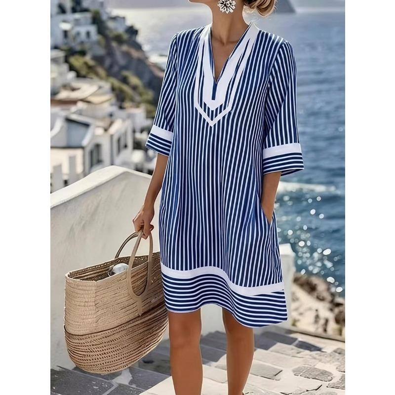 Bohemian V Neck Loose Fit 3 4 Sleeve Beach Vacation Dress