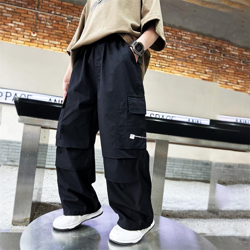 Детские свободные повседневные брюки для мальчиков, летние однотонные брюки-карго с карманами, детская одежда, дышащие прямые широкие брюки Fanshion 6-15 лет
