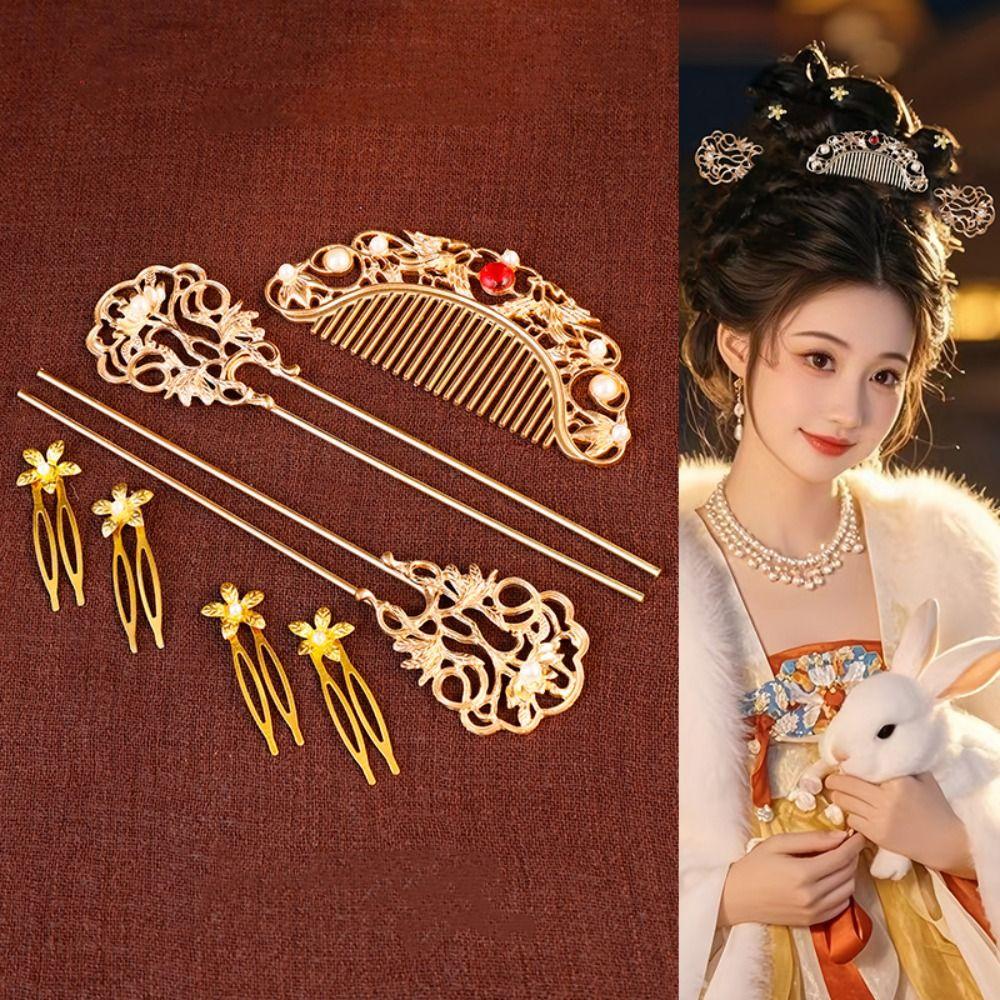 1 set Chinese Style Ancient Hair Stick Pearl Flower Hair Comb Vintage Hanfu Hair Accessories  Women