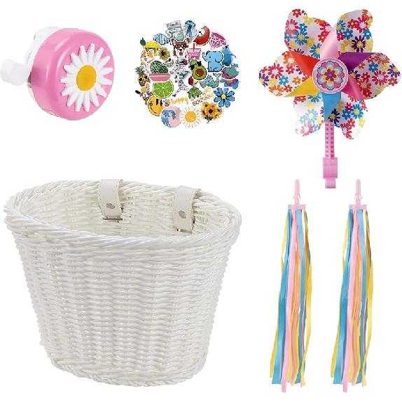 Детская корзина для велосипеда, Передняя корзина для велосипеда, Аксессуары для велосипеда для девочек и мальчиков, Плетеная корзина для велосипеда с наклейками, Велосипедный звонок, Ветряк и 1 пара цветных