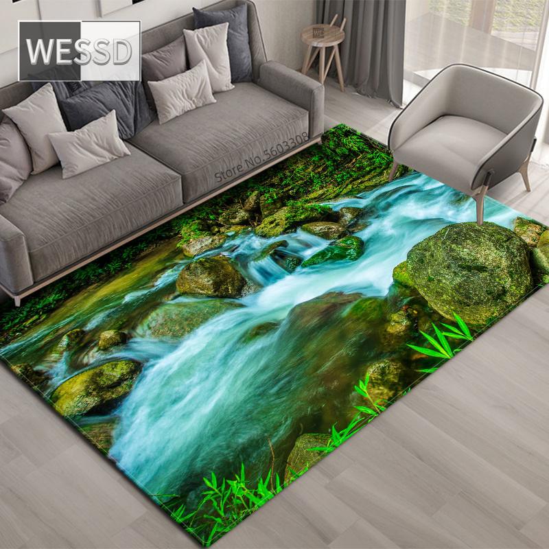3D ковер с природными пейзажами для гостиной, зеленый лес, водопад, пейзажный ковер, противоскользящий ковер для спальни, большой в ванной комнате