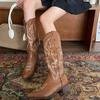 Fashion Women Boots 2025 Autumn New Embroidered Western Cowboy Boots Pointed Toe Thick Heel High Knee Boot Woman Long Boots High-quality
